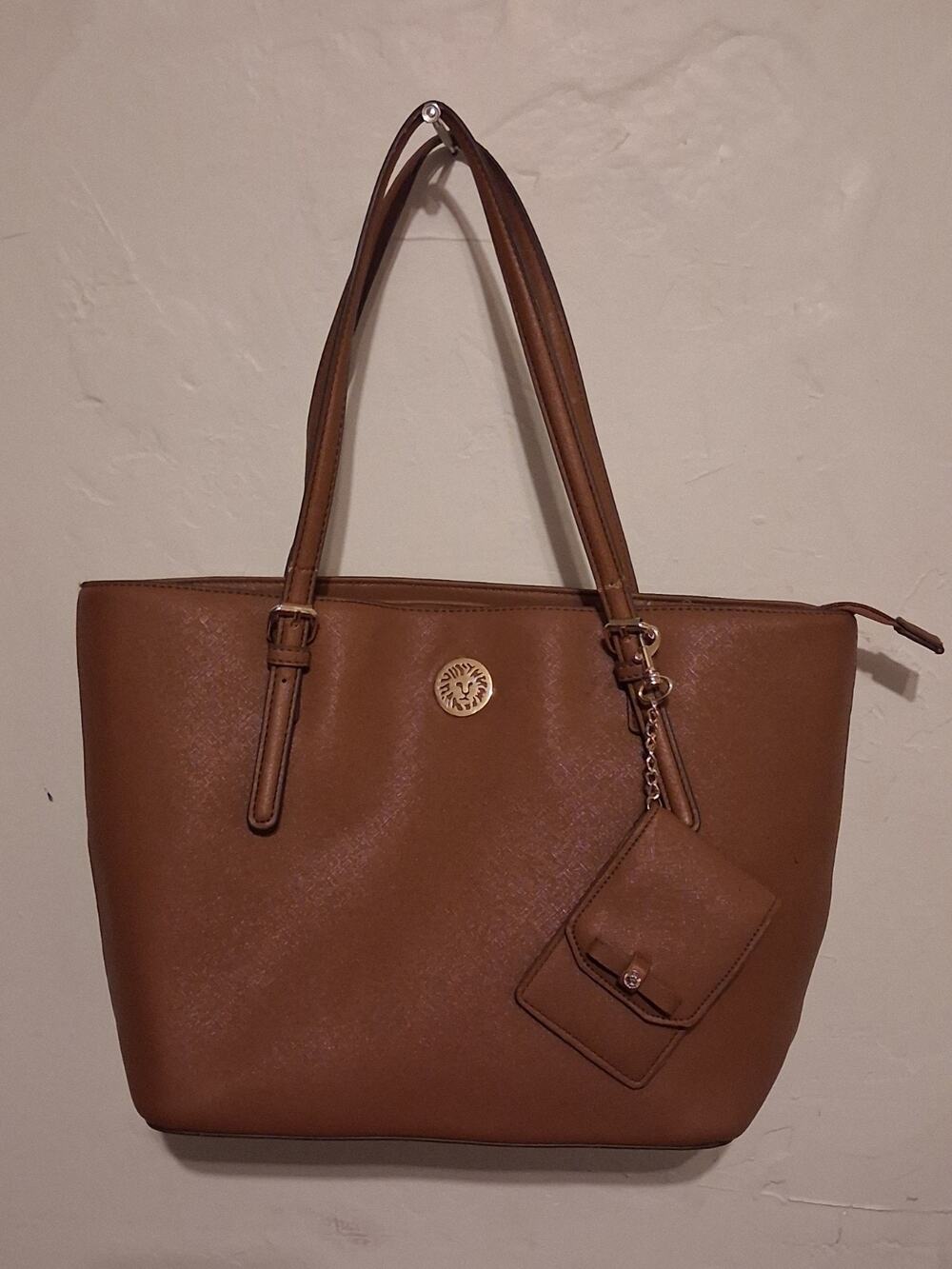 Anne Klein Brown Pebbled Tote Bag Zip Closure Lined w/ Pouch
